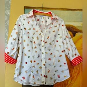 HINSON WU bugs & butterflies Shirt Medium Luxury Cotton Womens 3 quarter Sleeve